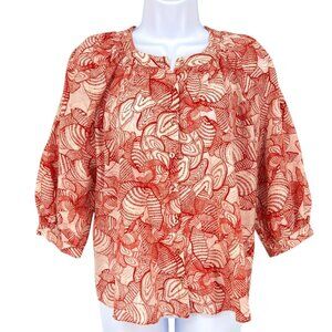 Gilner Farrar Silk Cotton Red Ivory 3/4 Sleeve Lightweight Blouse Size XS